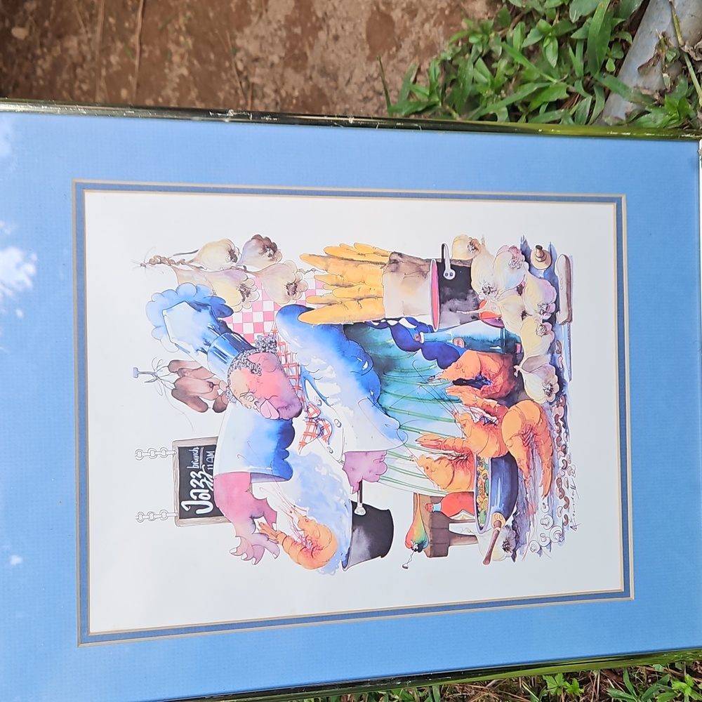Vintage 1982 Leo Meiersdorff Jazz Brunch Framed Blue Gold Culinary Art Print - Picture 13 of 16